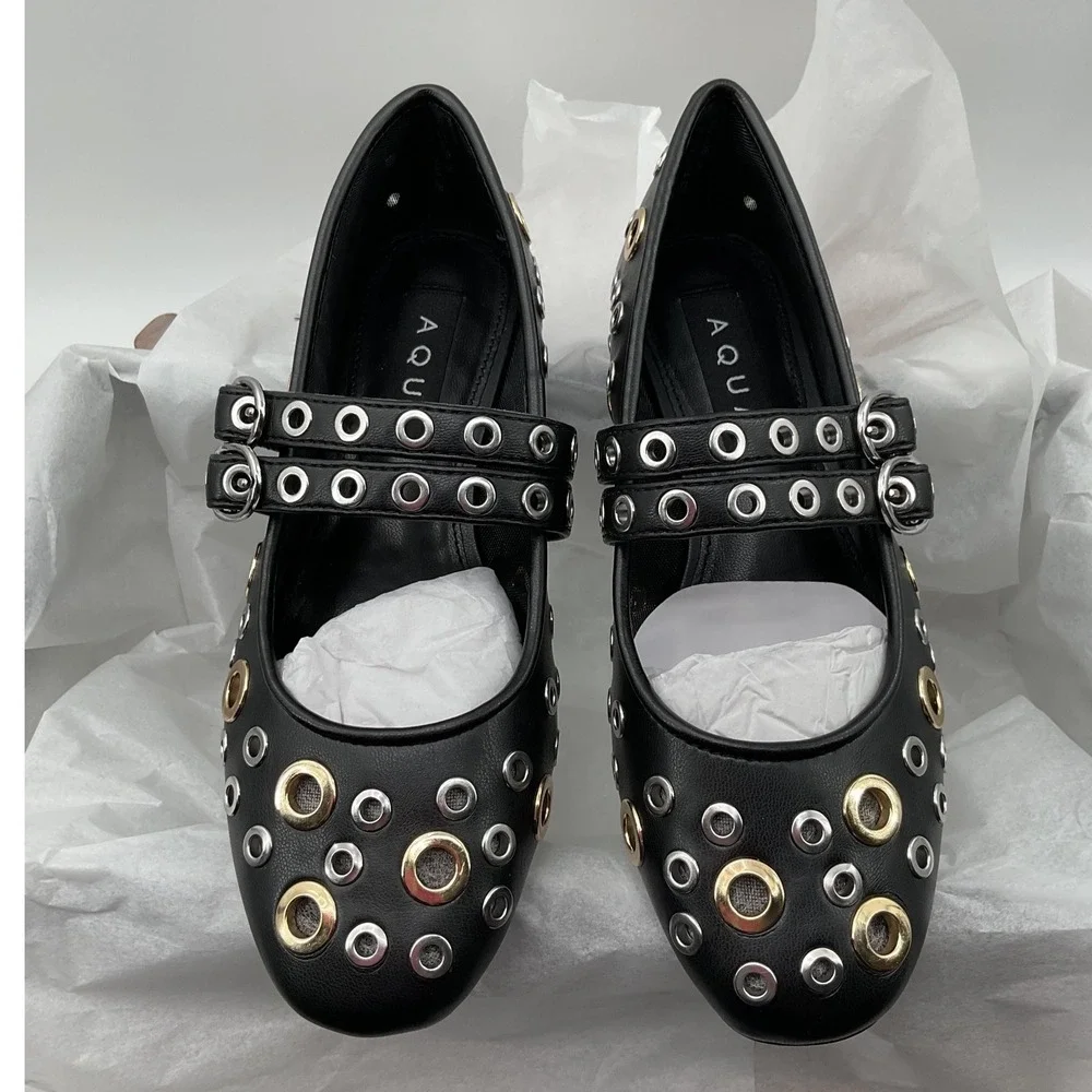Aqua Gabbi Black Grommet Mary Jane Flats Double Buckle Mixed Metal Shoes Size 5M